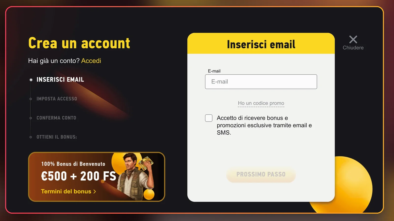 La pagina promozioni con bonus di benvenuto e cashback