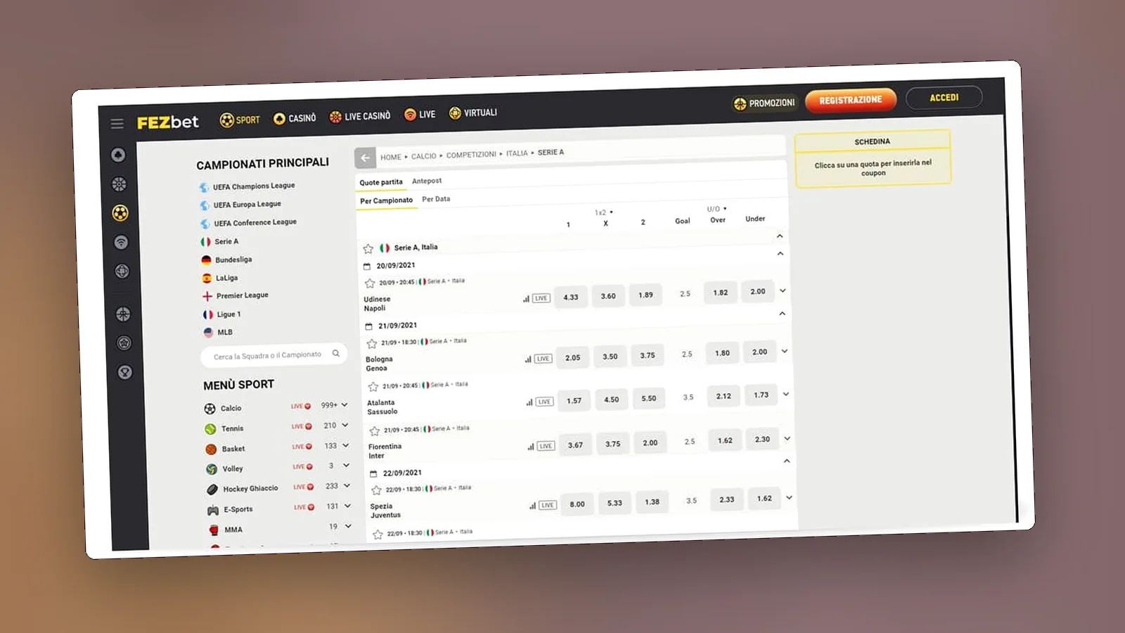 La lobby di Fezbet con slot, live casino e sezione sport
