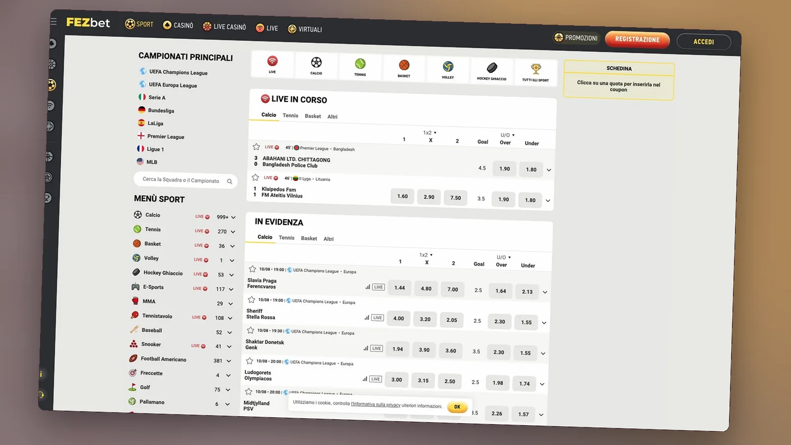 La sezione Sport di Fezbet con eventi e quote del giorno