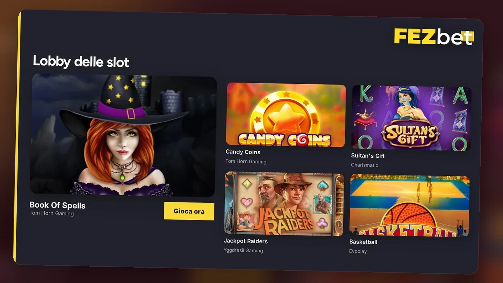 Lobby slot di Fezbet con filtro per provider e conteggio giochi